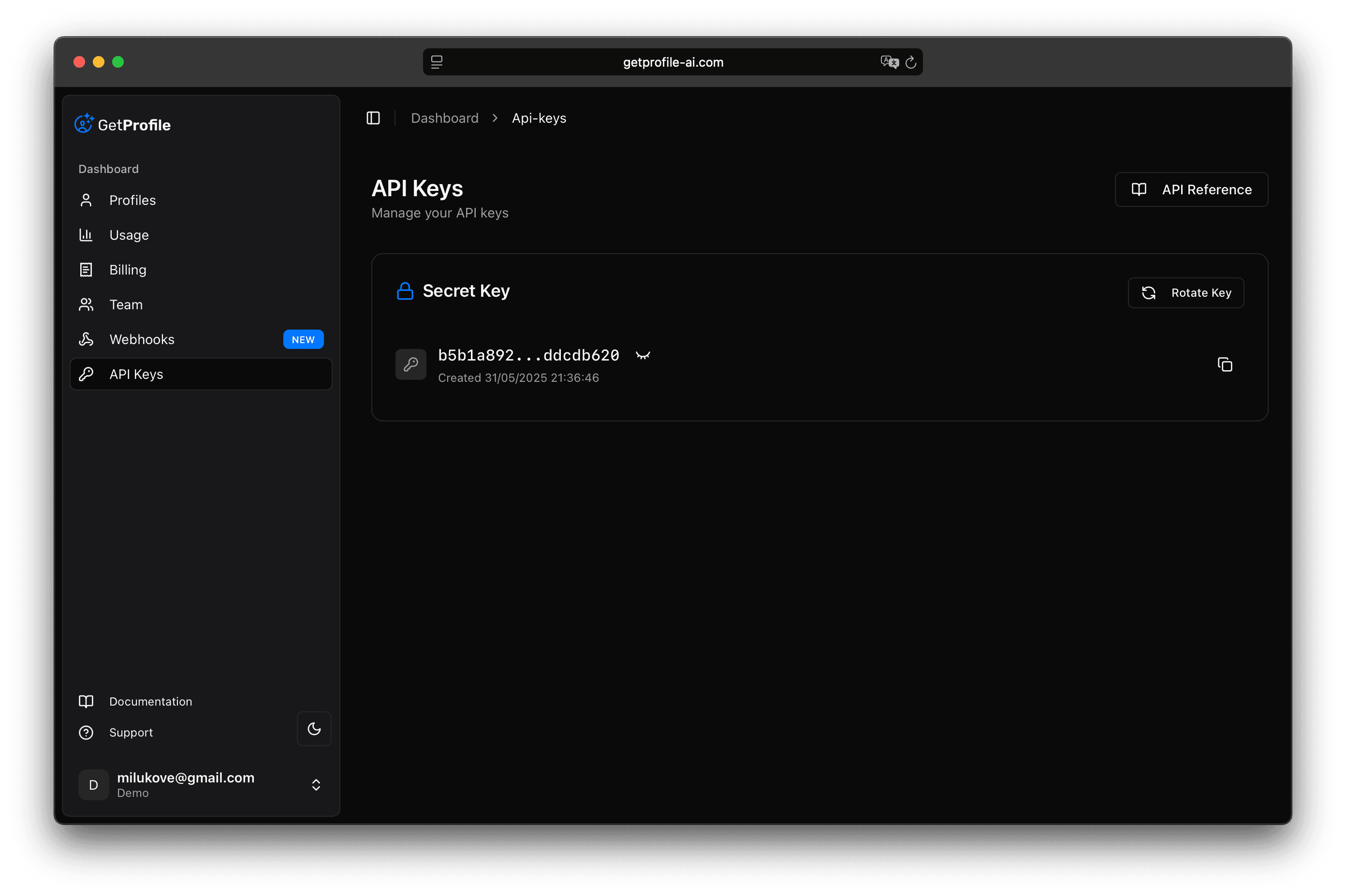 api keys dashboard dark