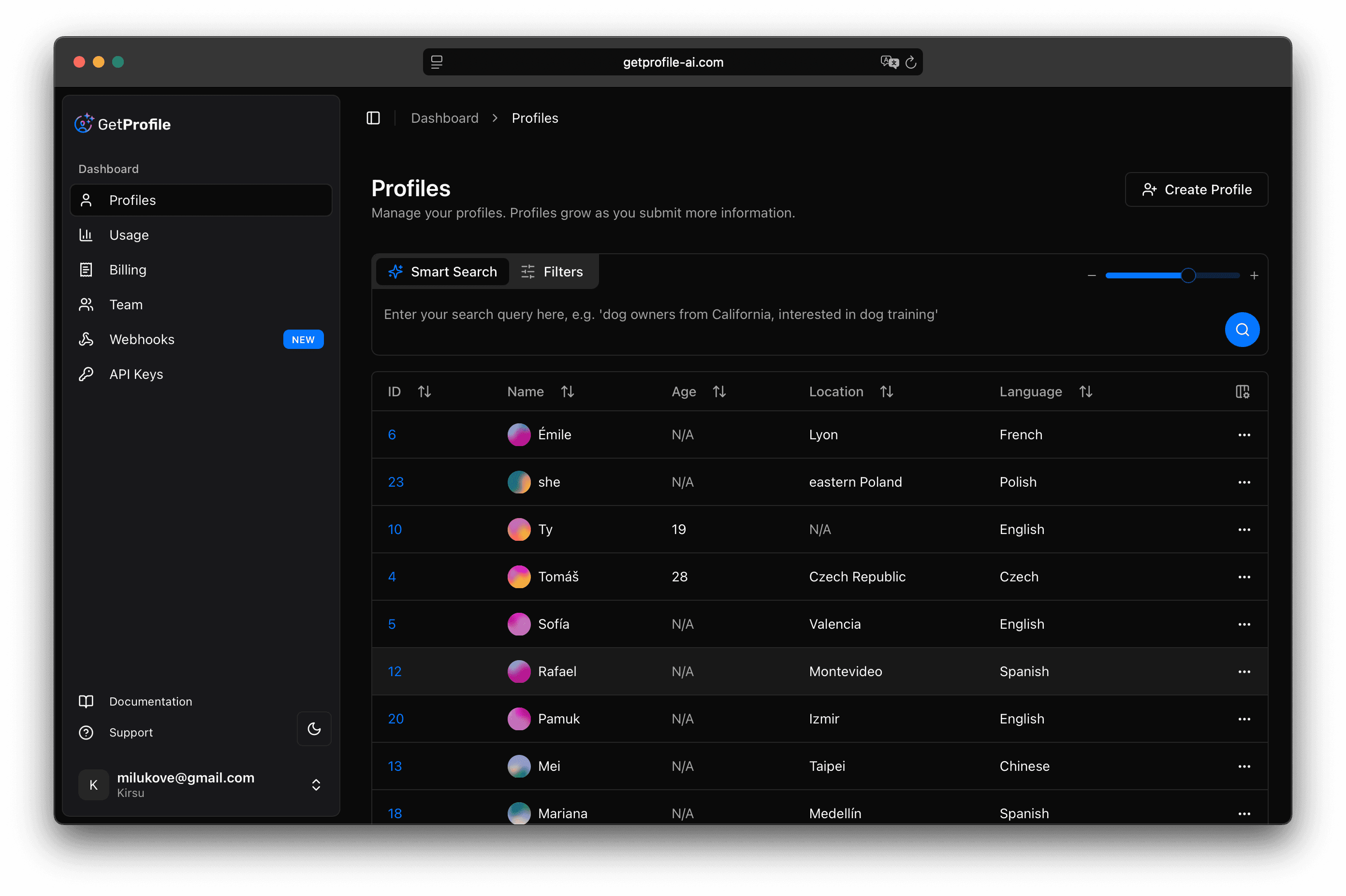 profiles dashboard screenshot dark
