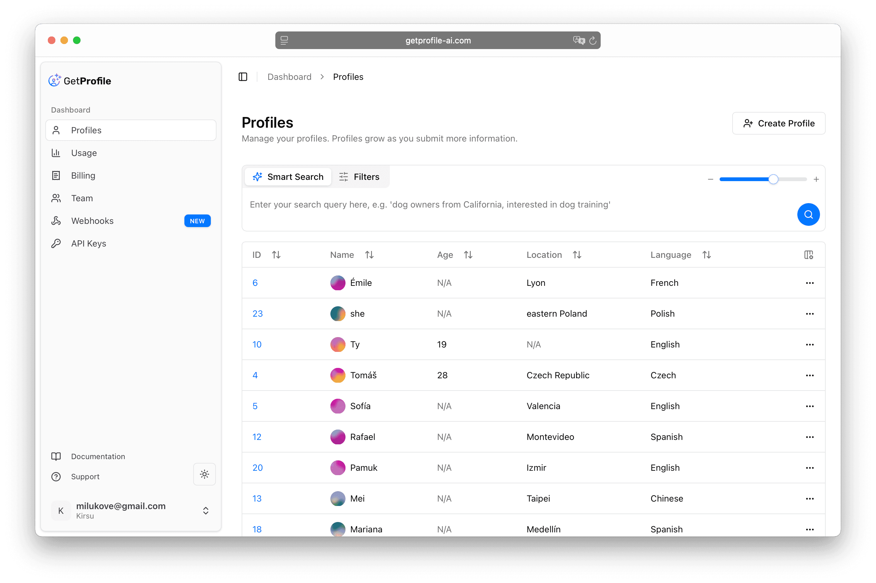 profiles dashboard screenshot light